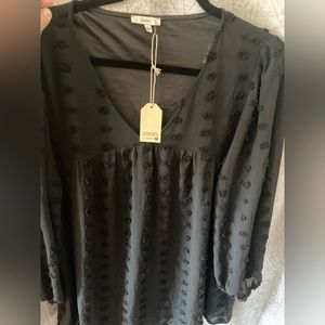 Black Swiss dot babydoll blouse with long bubble sleeves size Large